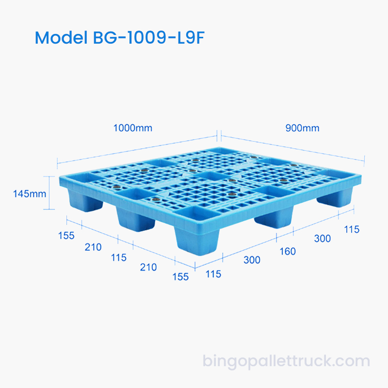 Pallet nhựa nhẹ một mặt 1000x900mm có sàn lưới và 9 feet